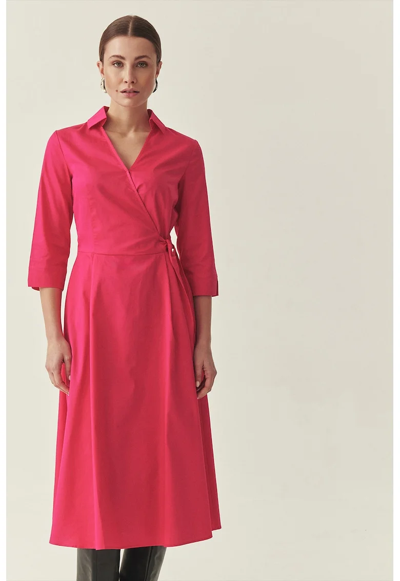 Rochie midi cu croiala petrecuta si guler clasic, Fucsia