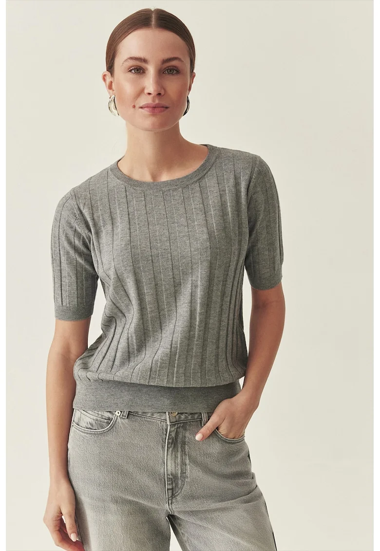 Bluza din amestec de lana cu decolteu rotund, Gri melange