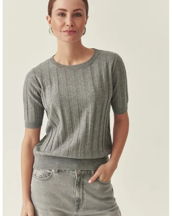 Bluza din amestec de lana cu decolteu rotund, Gri melange