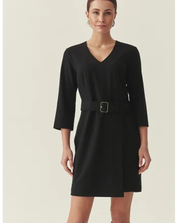 Rochie cu croiala dreapta si curea in talie, Negru