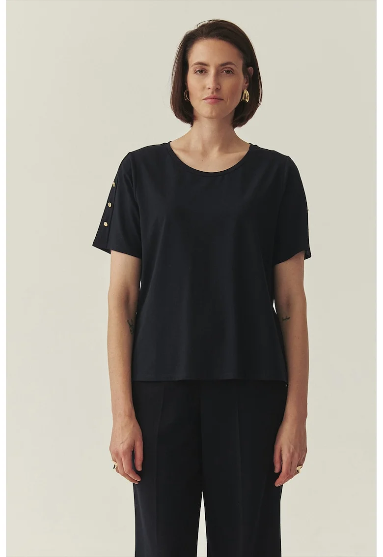 Tricou din amestec de modal cu decolteu rotund, Auriu/Albastru ultramarin
