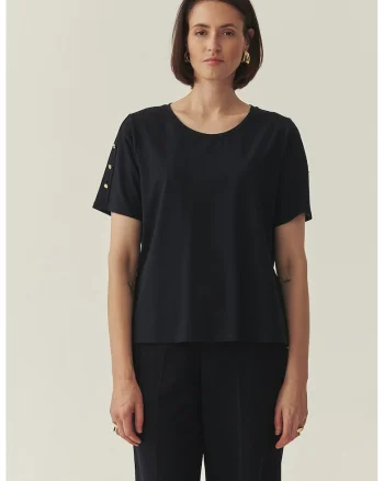 Tricou din amestec de modal cu decolteu rotund, Auriu/Albastru ultramarin
