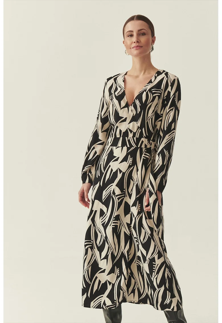 Rochie lunga cu decolteu in V, Negru/Bej deschis