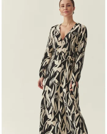 Rochie lunga cu decolteu in V, Negru/Bej deschis