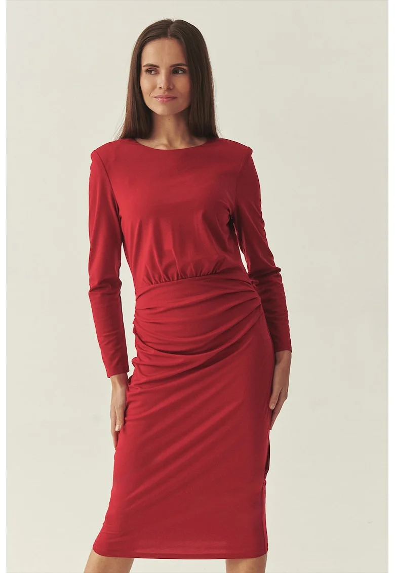 Rochie cu maneci lungi si detalii drapate, Rosu vermillion