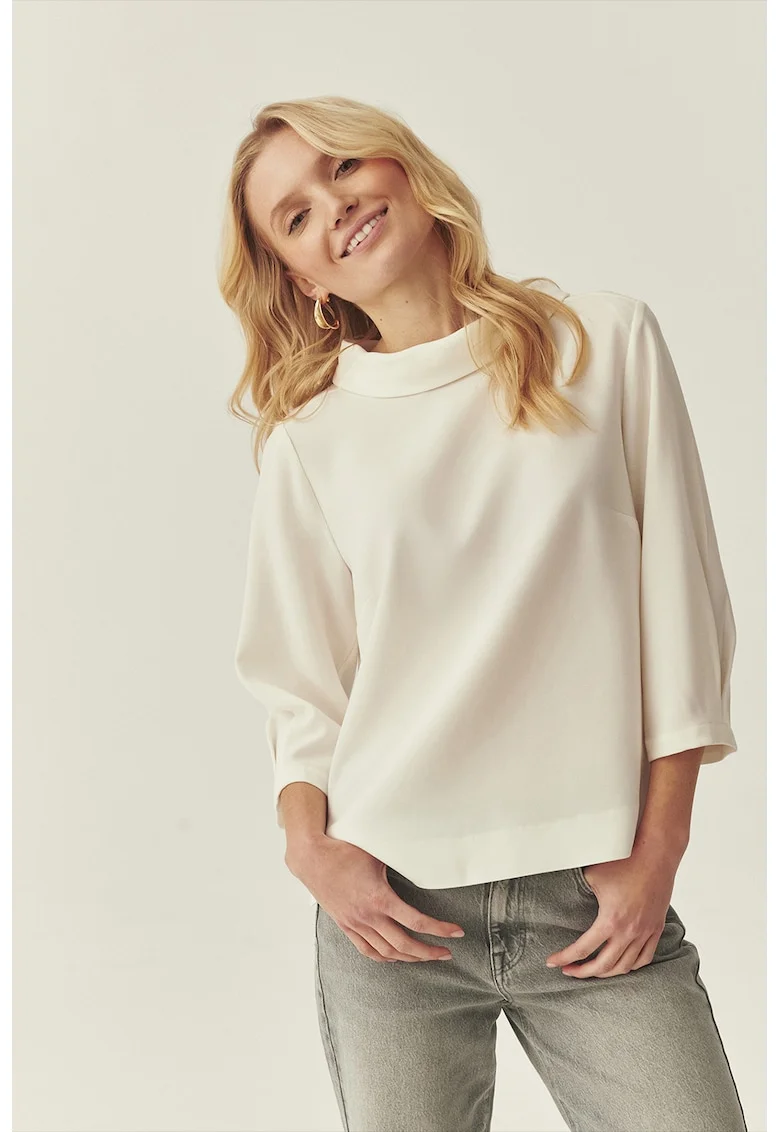 Bluza cu model uni si slituri laterale Takeri, Alb fildes