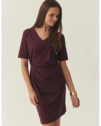 Rochie cu decolteu in V si detaliu drapat in zona taliei, Violet pruna