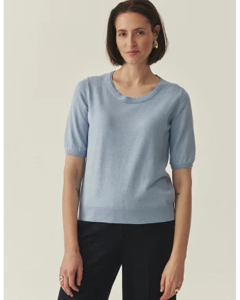 Bluza tricotata fin cu maneci scurte, Albastru lavanda