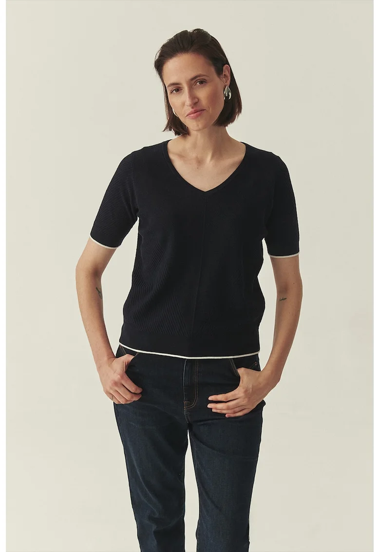 Bluza din amestec de bumbac cu decolteu in V, Alb/Albastru ultramarin