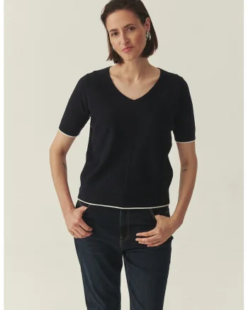 Bluza din amestec de bumbac cu decolteu in V, Alb/Albastru ultramarin