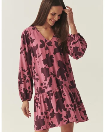 Rochie cu decolteu in V si model floral, Fucsia/Violet tyrian
