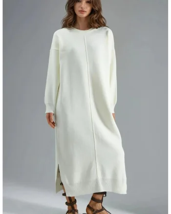 Rochie lunga tricotata  nervuri texturate, alb, tricot,