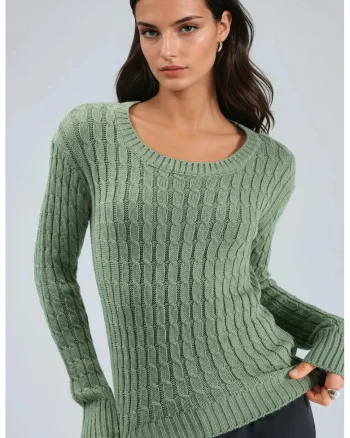 Pulover dama,  tricot, guler rotund, verde salvie, One Size