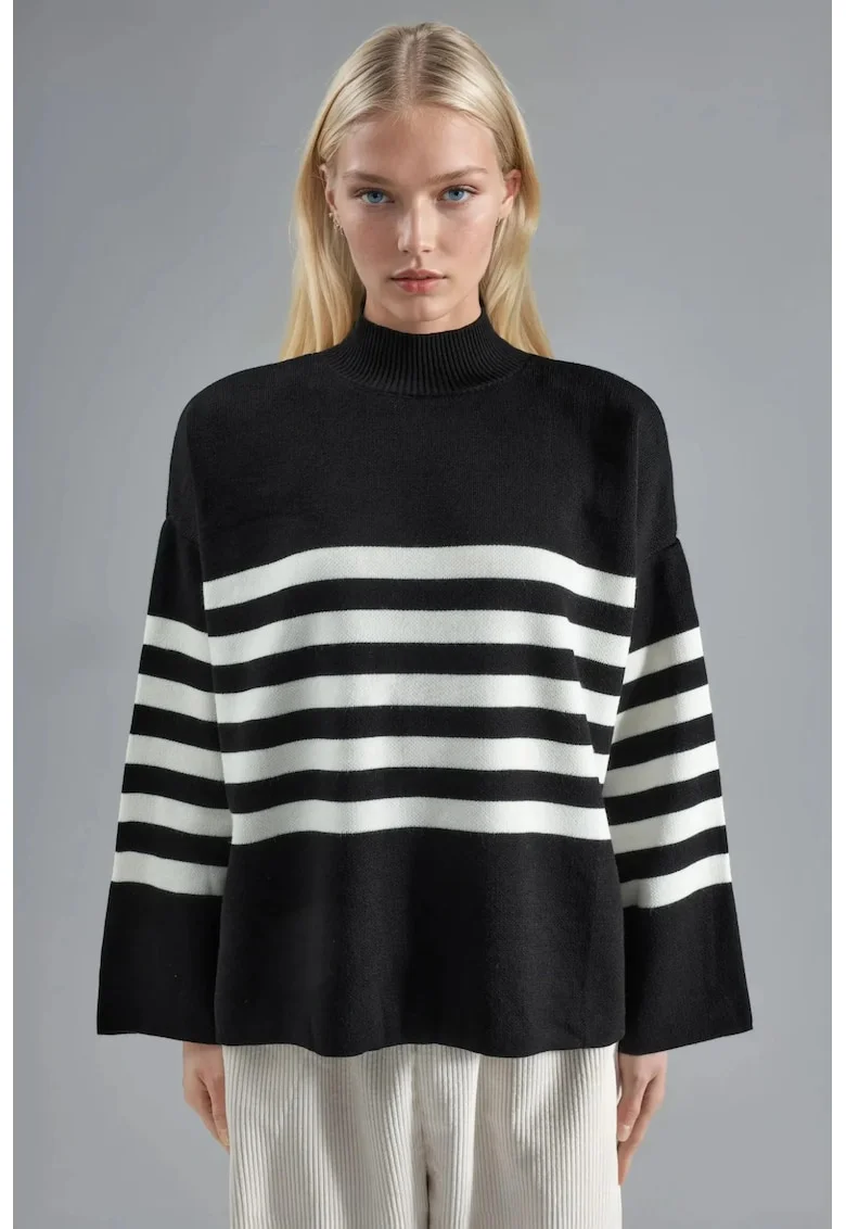 Pulover dama,  supradimensionat, guler inalt, negru/alb, tricot, One Size