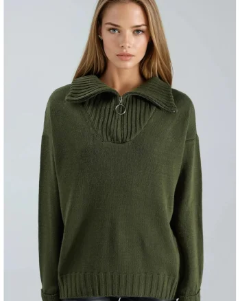 Pulover dama,  oversized, verde kaki, tricot, One Size