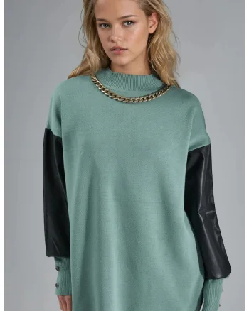 Pulover dama,  tricot/Piele Ecologica, Verde salvie, One Size