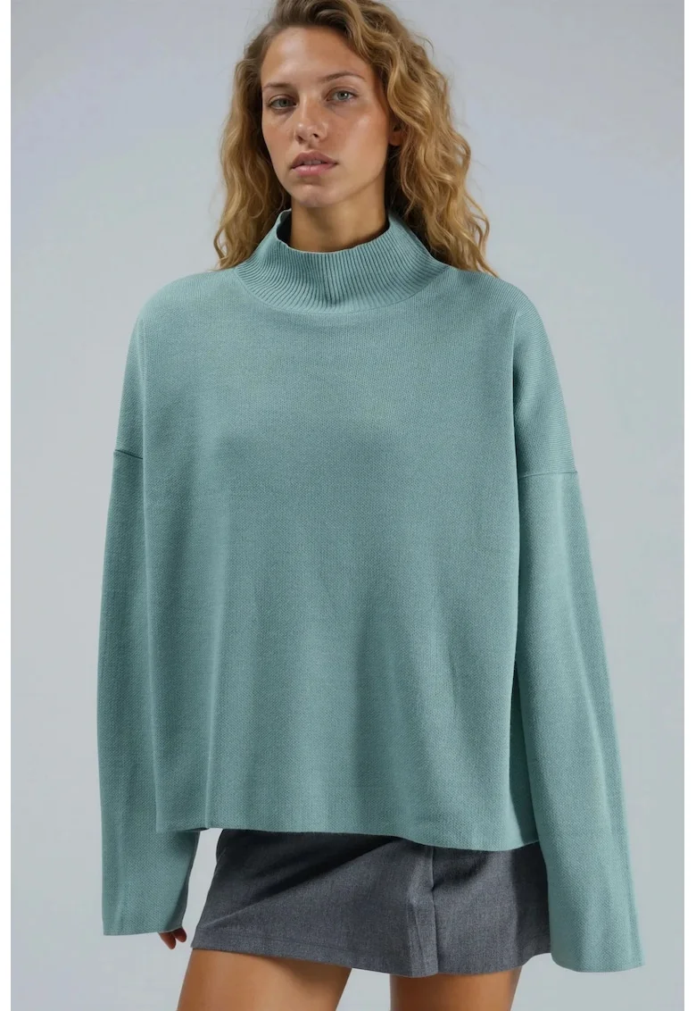 Pulover dama,  supradimensionat, guler inalt, verde salvie, tricot, One Size