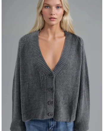 Cardigan scurt dama,  tricot, cu nasturi, gri inchis, One Size
