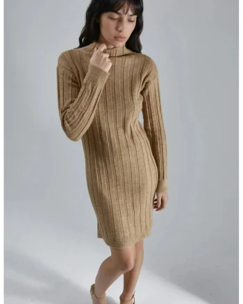 Rochie tricotata mini,  guler inalt, slim fit, maro, tricot,