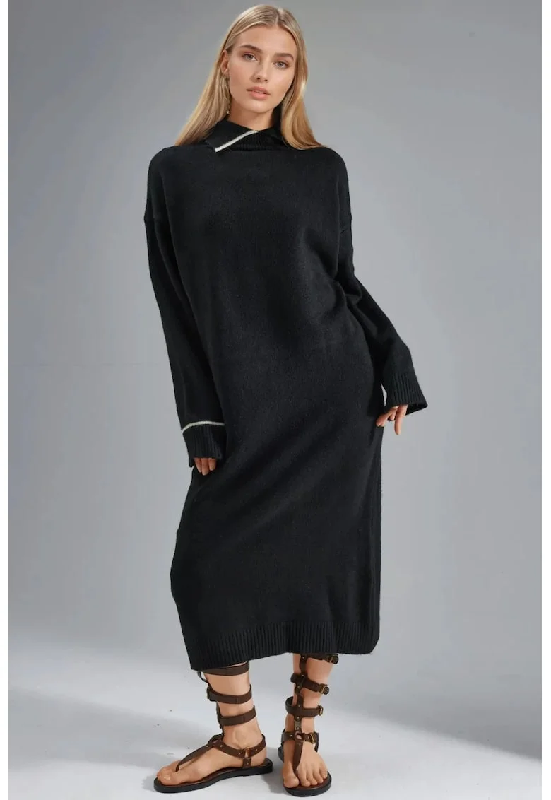 Rochii,  rochie midi tricotata cu guler polo, negru, tricot,