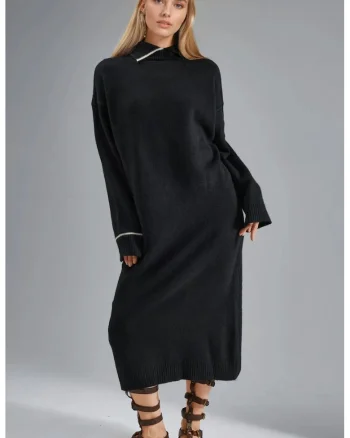 Rochii,  rochie midi tricotata cu guler polo, negru, tricot,