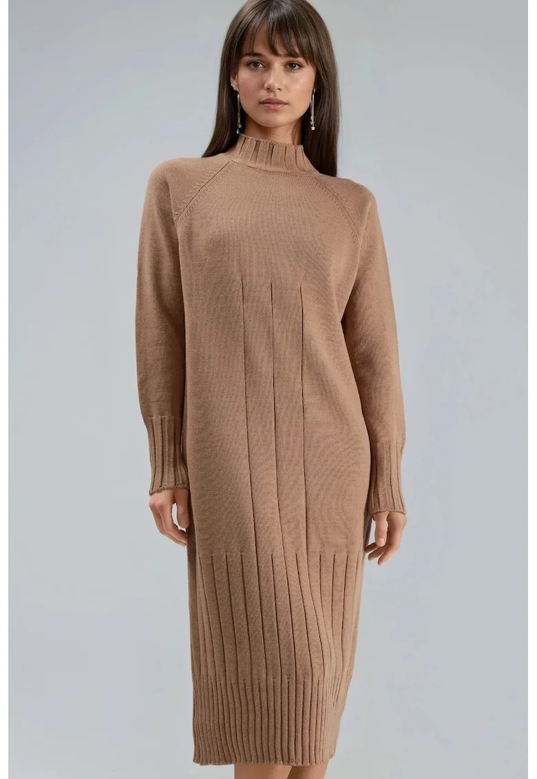 Rochie tricotata,  midi, culoare maro camel, material tricot,