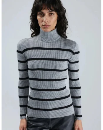 Pulover dama,  mulat, gri inchis/negru, tricot, One Size