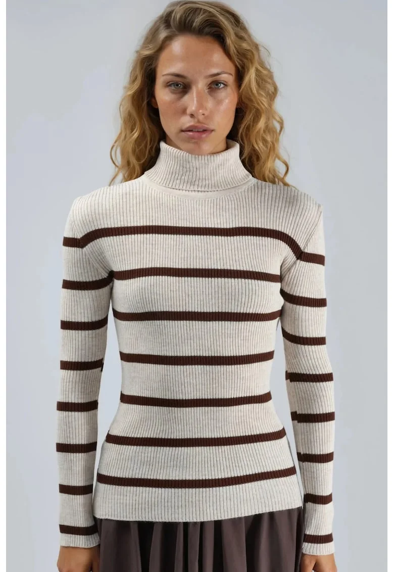 Pulover dama,  mulat, dungi, guler inalt, tricot, alb/maro, One Size