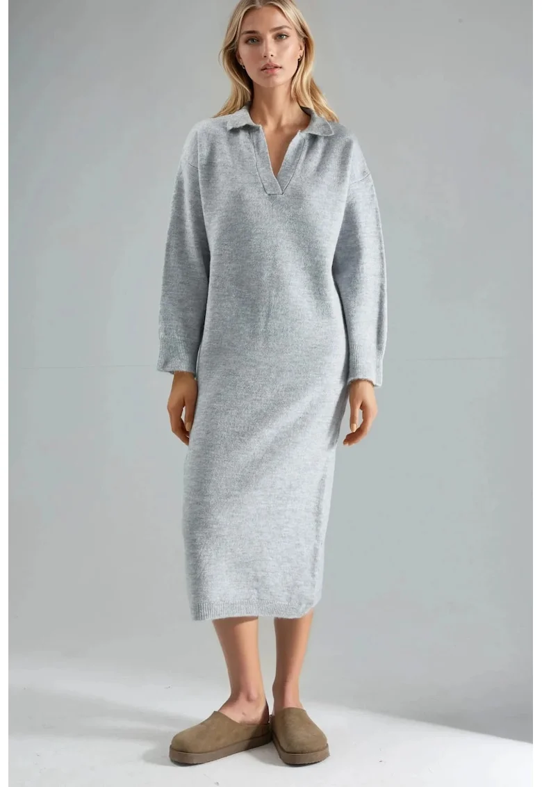 Rochie Maxi Tricotata,  Gri, Tricot, Guler Polo,