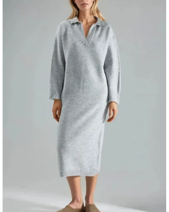 Rochie Maxi Tricotata,  Gri, Tricot, Guler Polo,