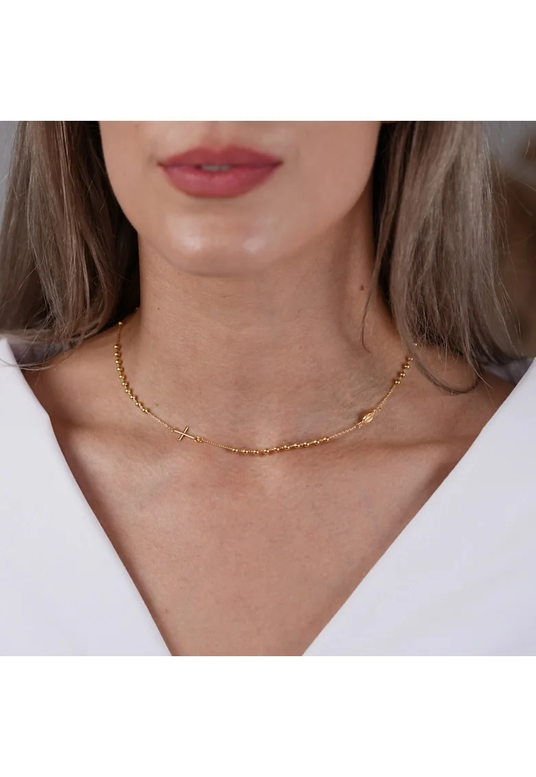 Rozariu la baza gatului din aur galben de 14K, cu cruce si bile de 3mm