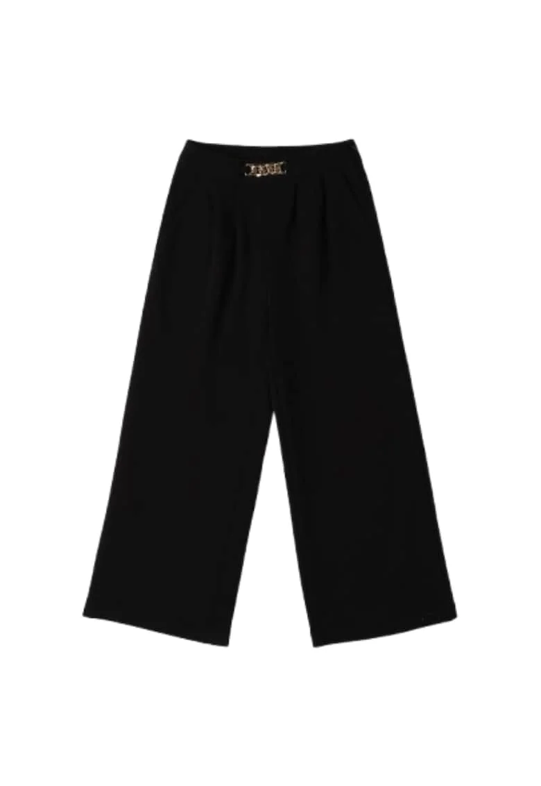Pantaloni fete iDO eleganti din tricot crep cu detaliu lant, Negru