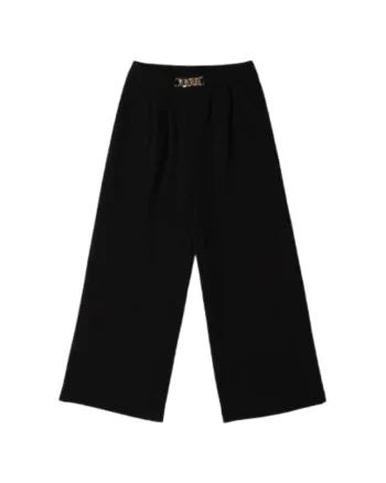 Pantaloni fete iDO eleganti din tricot crep cu detaliu lant, Negru