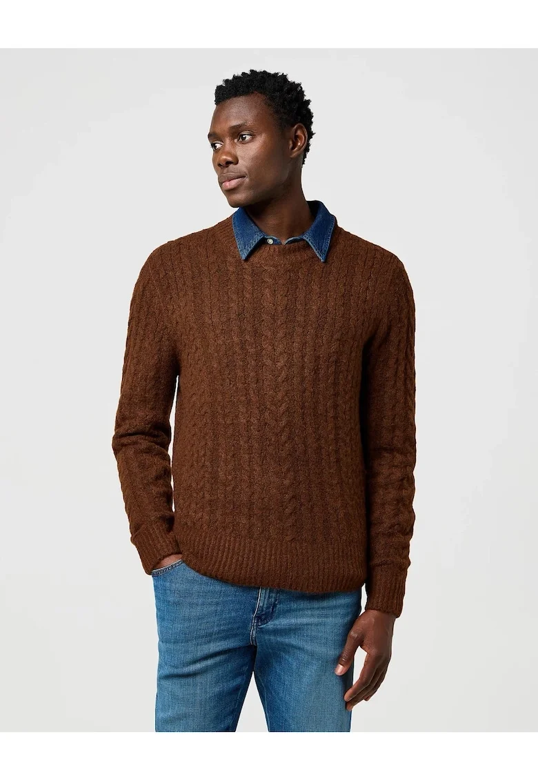 Pulover Barbati,  Cable Knit Sweater, Regular Fit, Cu Guler, Caldura Si Confortabila, Design Clasic, Maneci Lungi, Poliester, Maro, Bronz