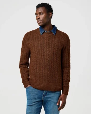 Pulover Barbati,  Cable Knit Sweater, Regular Fit, Cu Guler, Caldura Si Confortabila, Design Clasic, Maneci Lungi, Poliester, Maro, Bronz