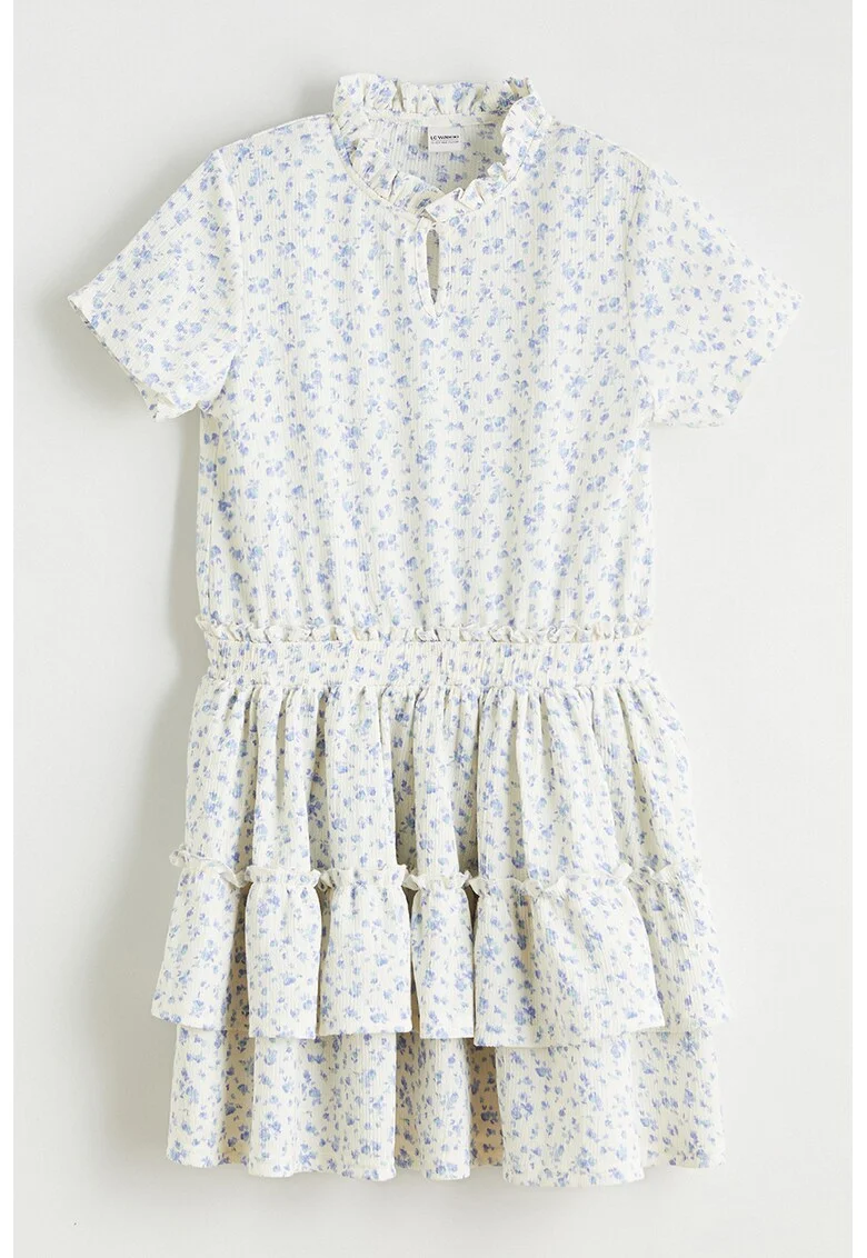 Rochie cu maneci scurte si model floral, Alb murdar/Albastru