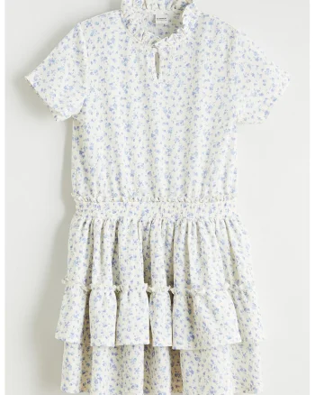 Rochie cu maneci scurte si model floral, Alb murdar/Albastru