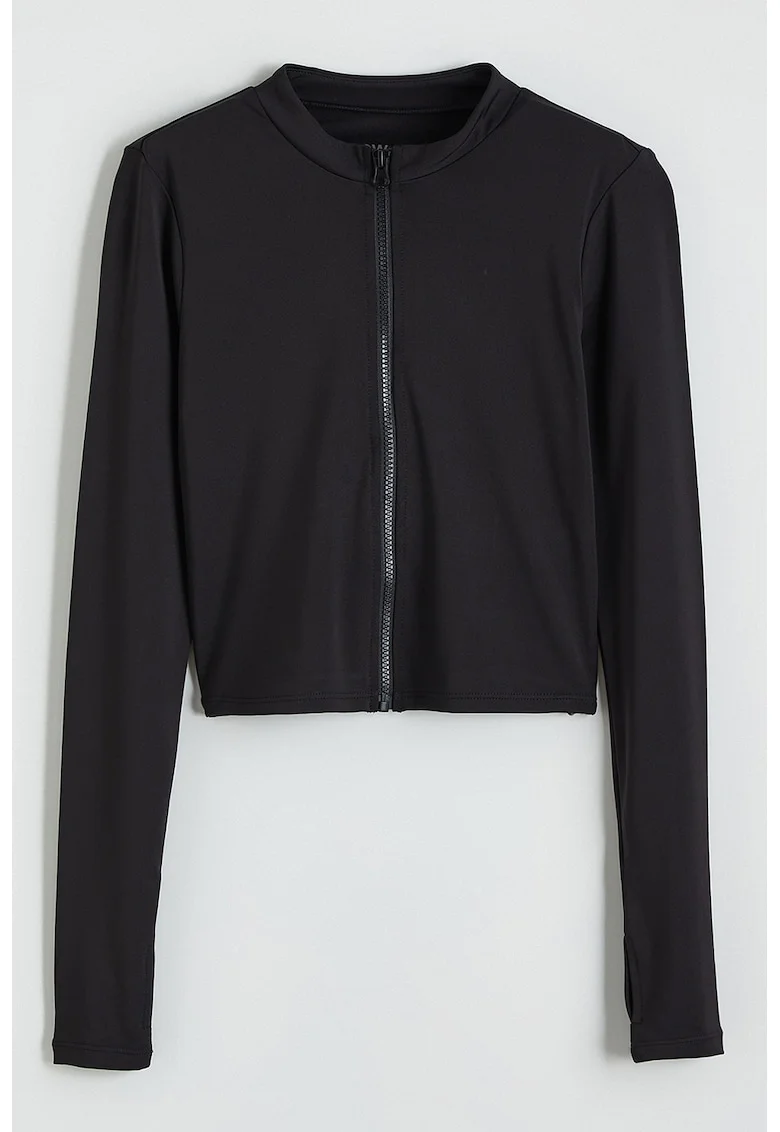 Bluza de trening cu fermoar si decupaje pentru degetul mare, Negru