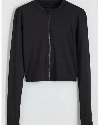 Bluza de trening cu fermoar si decupaje pentru degetul mare, Negru