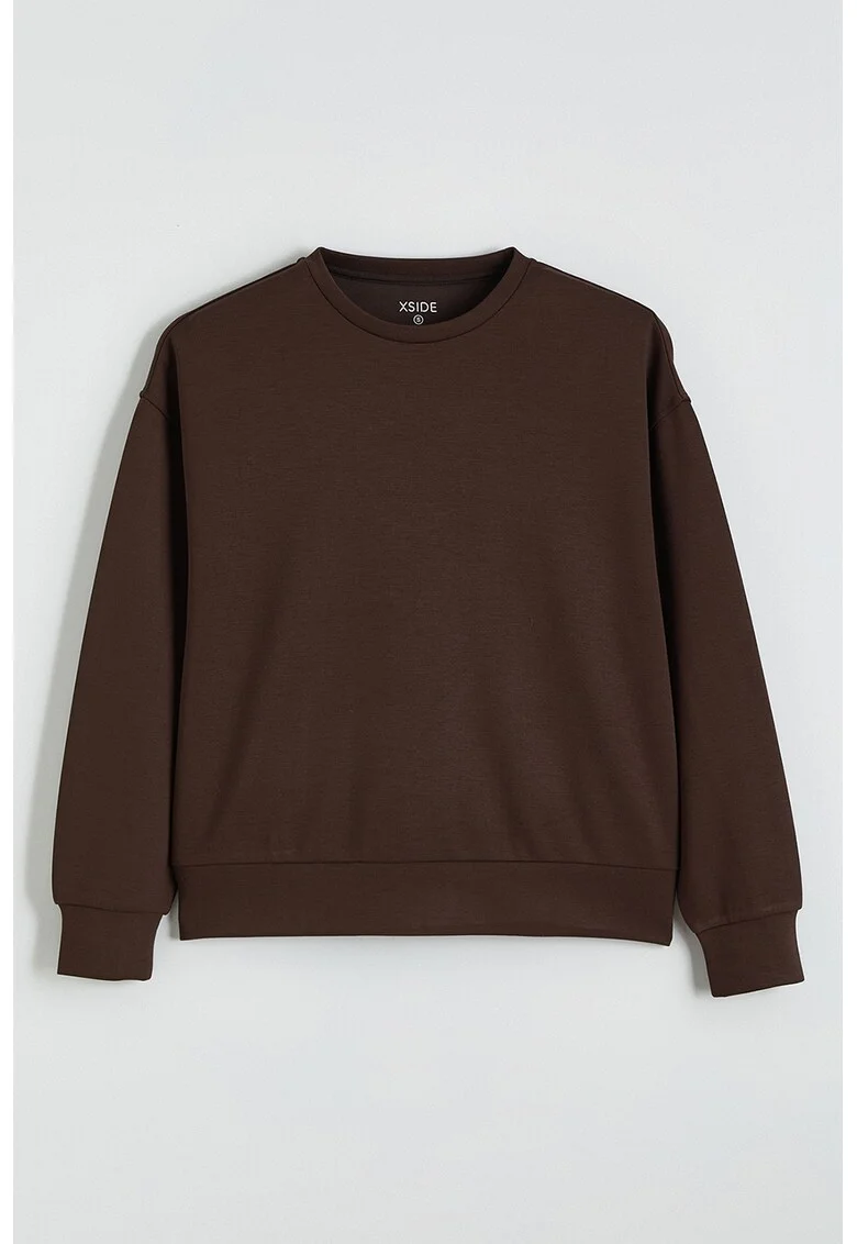 Bluza de trening cu decolteu la baza gatului si model uni, Maro