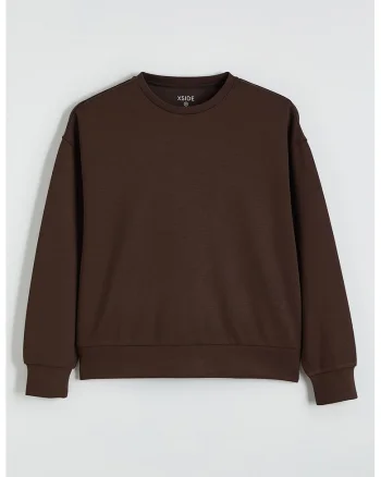 Bluza de trening cu decolteu la baza gatului si model uni, Maro