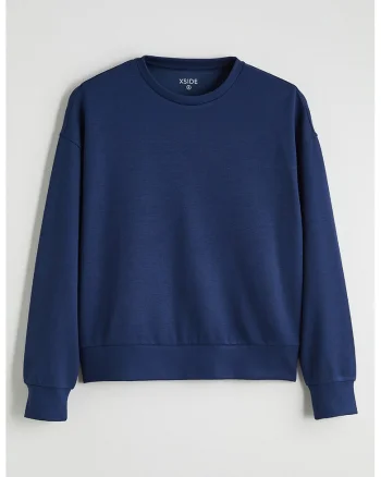 Bluza de trening cu decolteu la baza gatului si model uni, Bleumarin