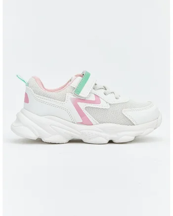 Pantofi sport de piele ecologica si plasa, Alb/Roz