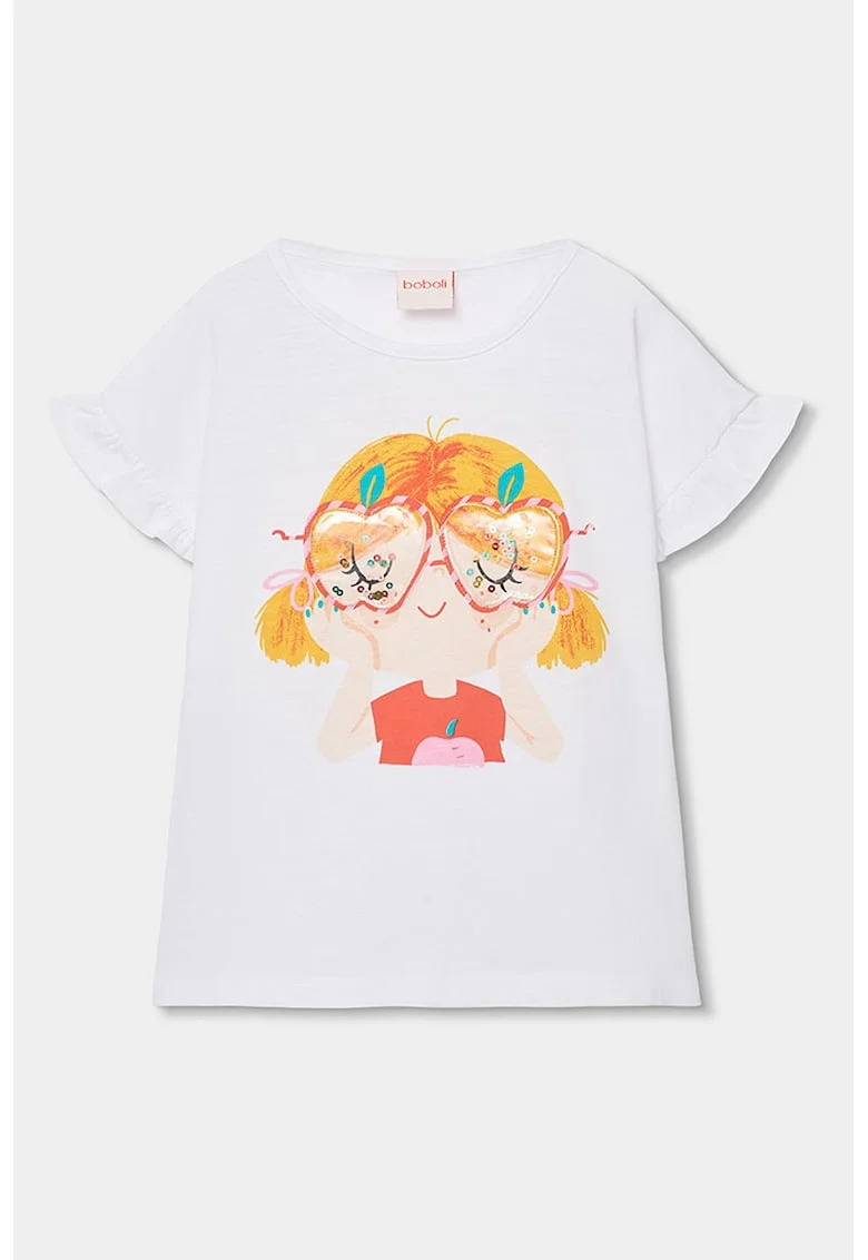 Tricou de bumbac cu paiete, Alb/Portocaliu/Piersica