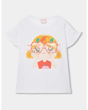Tricou de bumbac cu paiete, Alb/Portocaliu/Piersica
