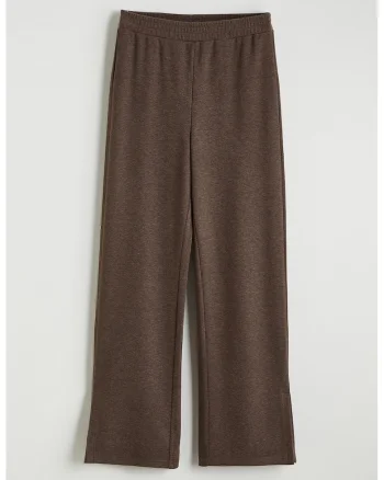 Pantaloni cu talie medie si model uni, Maro melange