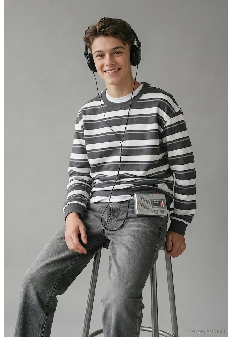 Bluza de trening de bumbac cu dungi, Alb/Gri inchis