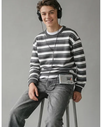 Bluza de trening de bumbac cu dungi, Alb/Gri inchis