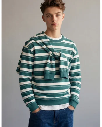 Bluza de trening de bumbac cu dungi, Alb/Verde persan