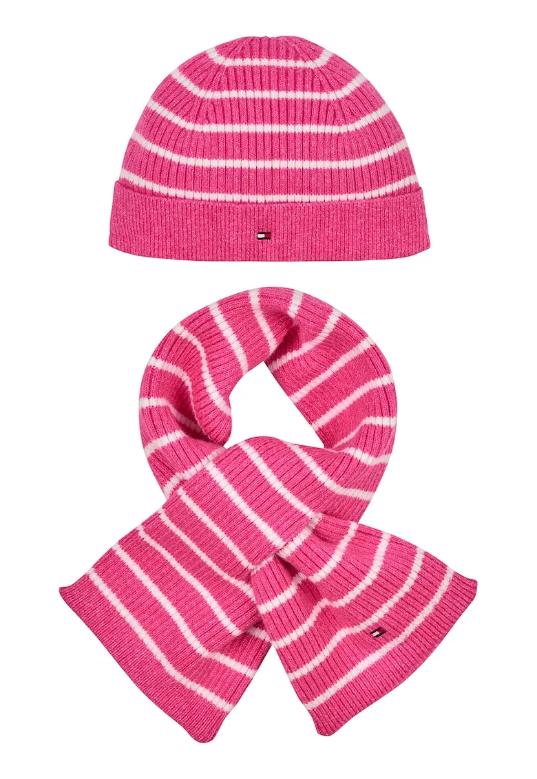 Set de fular si caciula cu model in dungi, Fucsia/Alb optic